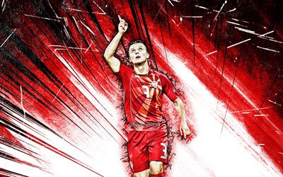 4k, Enis Bardhi, grunge art, North Macedonia National Team, soccer, footballers, red abstract rays, Macedonian football team, Enis Bardhi 4K