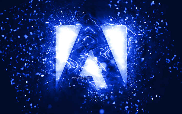 Adobe dark blue logo, 4k, dark blue neon lights, creative, dark blue abstract background, Adobe logo, brands, Adobe