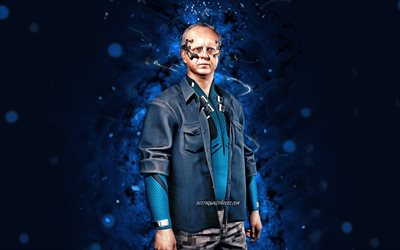 Gottfrid Persson, 4k, luci al neon blu, Cyberpunk 2077, RPG, fan art, personaggi di Cyberpunk 2077, Gottfrid Persson Cyberpunk