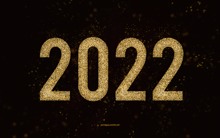 Happy New Year 2022, golden glitter art, 2022 New Year, 2022 golden glitter background, 2022 concepts, black background, 2022 greeting card
