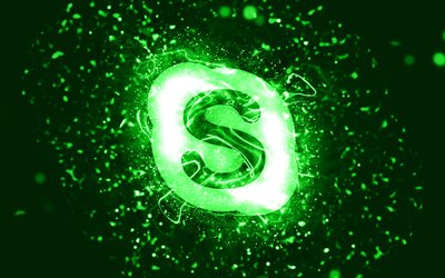 Skype green logo, 4k, green neon lights, creative, green abstract background, Skype logo, brands, Skype