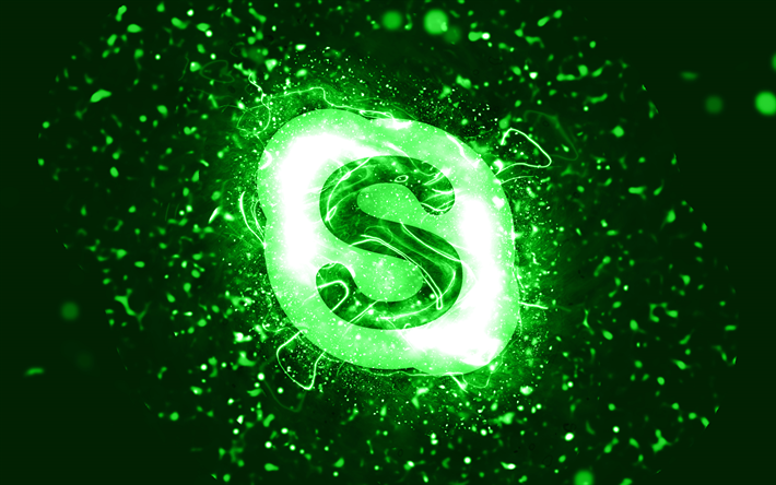 Logo vert Skype, 4k, n&#233;ons verts, cr&#233;atif, fond abstrait vert, logo Skype, marques, Skype