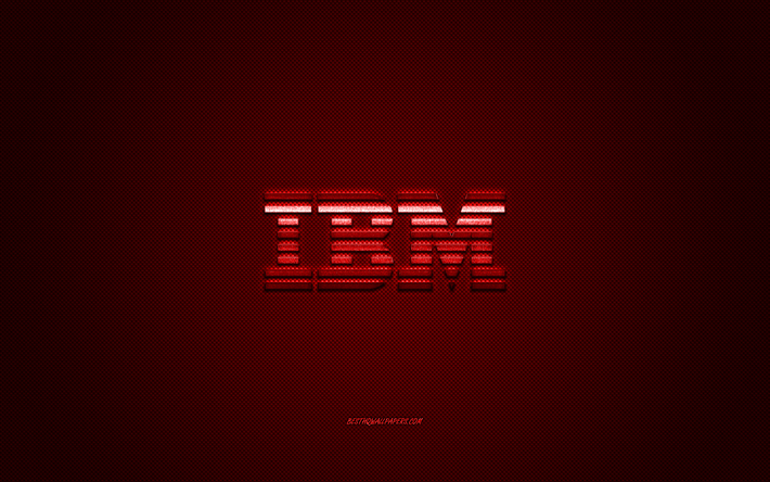IBM logo, red carbon texture, IBM emblem, IBM purple logo, IBM red background