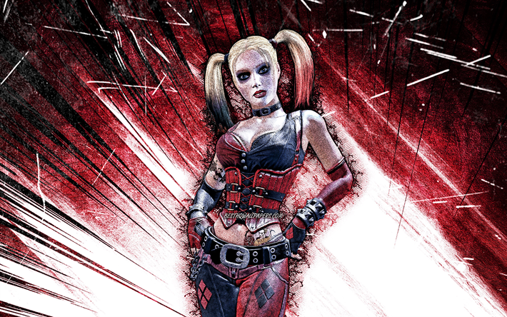 4k, Harley Quinn, arte grunge, Batman Arkham City, arte, raios abstratos roxos, supervil&#227;o, Harley Quinn 4K
