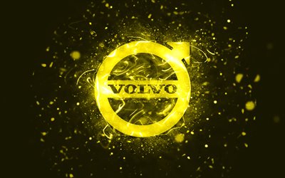 Volvo yellow logo, 4k, yellow neon lights, creative, yellow abstract background, Volvo logo, cars brands, Volvo