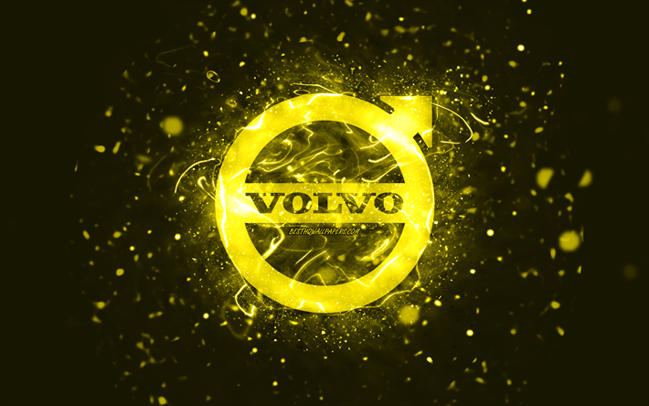 Volvo gul logotyp, 4k, gul neonljus, kreativ, gul abstrakt bakgrund, Volvo logotyp, bilm&#228;rken, Volvo