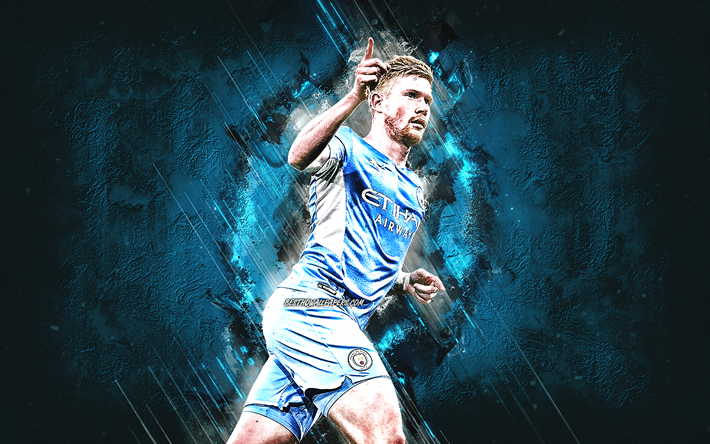 Kevin De Bruyne, Manchester City FC, Belgian footballer, attacking midfielder, blue stone background, Premier League, England, soccer