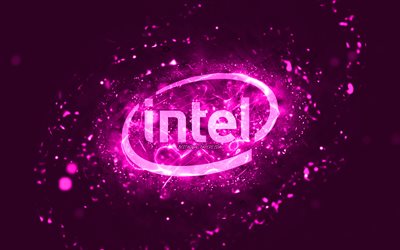 Intel purple logo, 4k, purple neon lights, creative, purple abstract background, Intel logo, brands, Intel