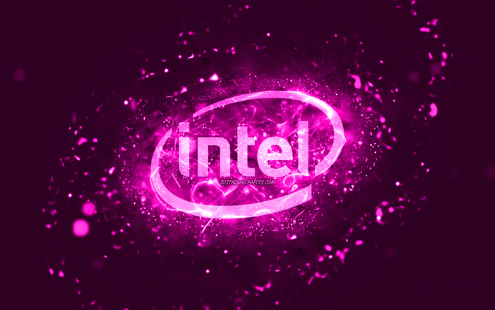 Intel violetti logo, 4k, purppura neon valot, luova, violetti abstrakti tausta, Intel logo, tuotemerkit, Intel