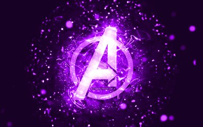 Avengers violet logo, 4k, violet neon lights, creative, violet abstract background, Avengers logo, superheroes, Avengers