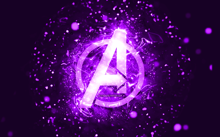 Avengers menekşe logosu, 4k, mor neon ışıklar, yaratıcı, mor soyut arka plan, Avengers logosu, s&#252;per kahramanlar, Yenilmezler