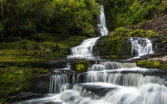 McLean Falls, bergsflod, Tautuku River, vattenfall, klippor, bergsvattenfall, Nya Zeeland