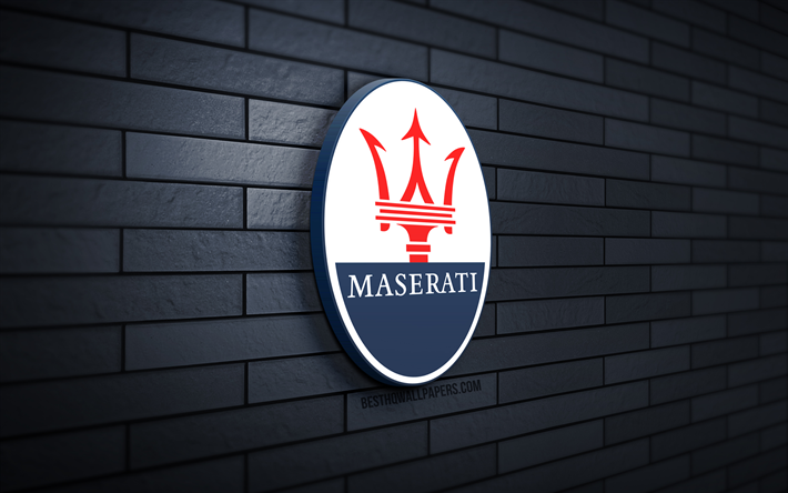 Logo Maserati 3D, 4K, mur de briques gris, cr&#233;atif, marques de voitures, logo Maserati, art 3D, Maserati