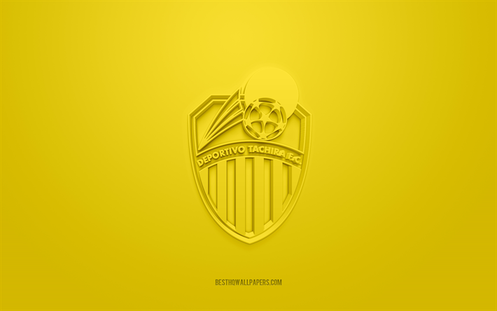 Deportivo Tachira FC, luova 3D-logo, keltainen tausta, Venezuelan jalkapallojoukkue, Venezuelan Primera Division, San Cristobal, Venezuela, 3d-taide, jalkapallo, Deportivo Tachira FC 3d-logo