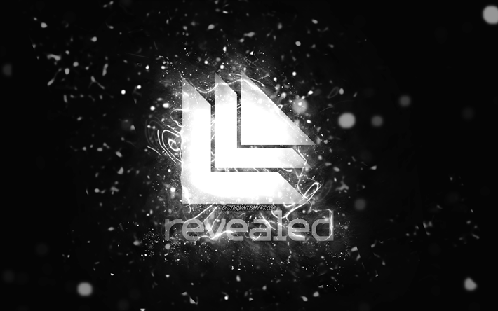 Revealed Recordings white logo, 4k, white neon lights, creative, black abstract background, Revealed Recordings logo, music labels, Revealed Recordings