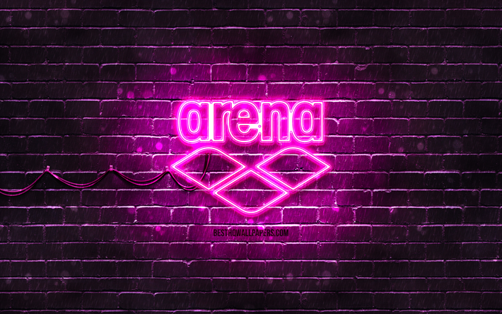 Arena violetti logo, 4k, violetti tiiliseinä, Arena logo, tuotemerkit, Arena neon logo, Arena
