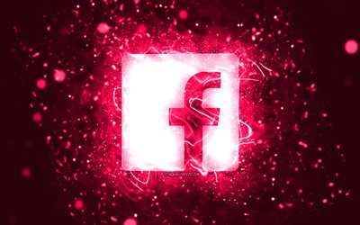 Facebookin vaaleanpunainen logo, 4k, vaaleanpunaiset neonvalot, luova, vaaleanpunainen abstrakti tausta, Facebook-logo, sosiaalinen verkosto, Facebook