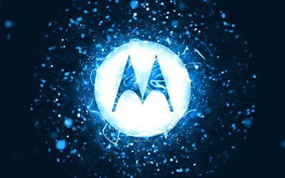モトローラブルーのロゴ, 4k, 青いネオンライト, creative クリエイティブ, 青い抽象的な背景, モトローラのロゴ, お, モトローラ