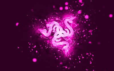 Logo Razer viola, 4k, luci al neon viola, creativo, sfondo astratto turchese, logo Razer, marchi, Razer