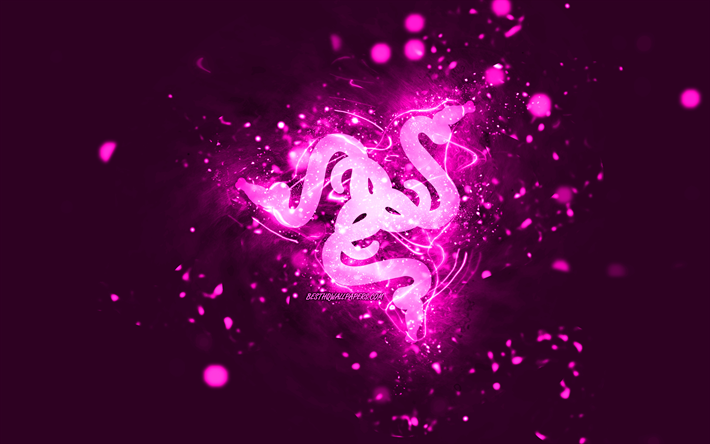 Razer purple logo, 4k, purple neon lights, creative, turquoise abstract background, Razer logo, brands, Razer