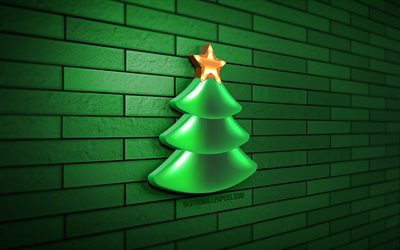 3Dクリスマスツリー, 4k, 緑のレンガの壁, でてくるのは？, 新年あけましておめでとうございます, メリークリスマス, クリスマスツリー, 3Dアート, クリスマスの飾り