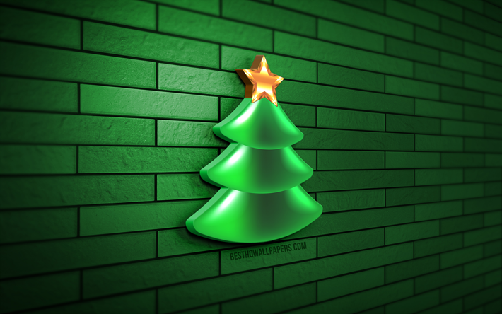 3D xmas tree, 4K, green brickwall, Christmas decorations, Happy New Year, Merry Christmas, xmas tree, 3D art, christmas tree, xmas decorations