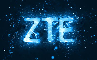 Logotipo azul de ZTE, 4k, luces de ne&#243;n azules, creativo, fondo abstracto azul, logotipo de ZTE, marcas, ZTE