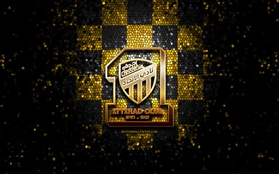 Al-Ittihad Jeddah, glitter logo, Saudi Professional League, yellow black checkered background, soccer, saudi football club, Al-Ittihad logo, Al-Ittihad Club, mosaic art, football, Al-Ittihad FC