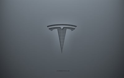 Tesla logo, gray creative background, Tesla emblem, gray paper texture, Tesla, gray background, Tesla 3d logo
