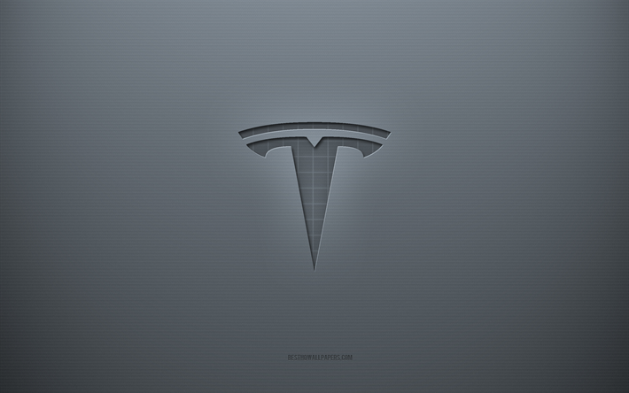 Tesla logo, gray creative background, Tesla emblem, gray paper texture, Tesla, gray background, Tesla 3d logo