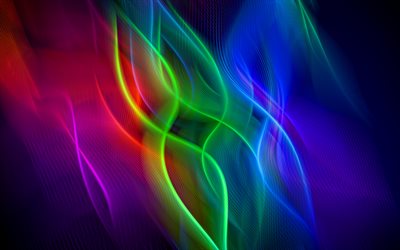 Renkli neon ışıklar, 4k, neon dalgalar, yaratıcı, 3D dalgalar, dalgalar, soyut dalgalar, neon ışınları ile arka plan