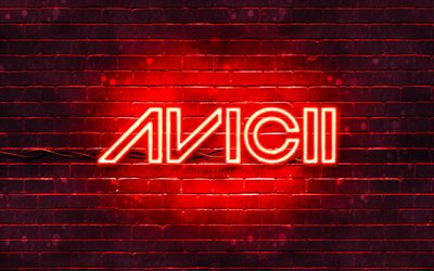 Logotipo vermelho do Avicii, 4k, superestrelas, DJs suecos, parede de tijolos vermelhos, logotipo do Avicii, Tim Bergling, Avicii, estrelas da m&#250;sica, logotipo do n&#233;on do Avicii