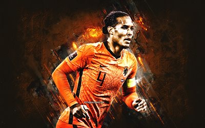 Virgil van Dijk, équipe nationale de football des Pays-Bas, footballeur néerlandais, portrait, Pays-Bas, fond de pierre orange, football, art grunge