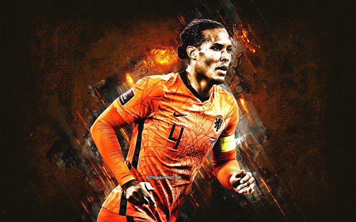 Virgil van Dijk, &#233;quipe nationale de football des Pays-Bas, footballeur n&#233;erlandais, portrait, Pays-Bas, fond de pierre orange, football, art grunge