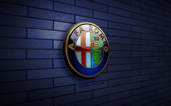 Alfa Romeo 3D logo, 4K, blue brickwall, creative, cars brands, Alfa Romeo logo, 3D art, Alfa Romeo