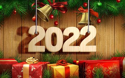 2022 wooden 3D digits, 4k, garter numbers, christmas decorations, Happy New Year 2022, wooden backgrounds, 2022 concepts, 2022 new year, 2022 on wooden background, 2022 year digits