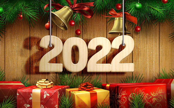 2022 puiset 3D-numerot, 4k, sukkanauhanumerot, joulukoristeet, hyvää uutta vuotta 2022, puiset taustat, 2022 konseptit, 2022 uusi vuosi, 2022 puutaustalla, 2022 vuosinumerot