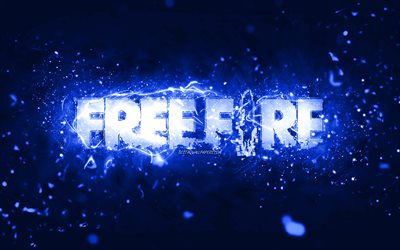 Garena Free Fire dark blue logo, 4k, dark blue neon lights, creative, dark blue abstract background, Garena Free Fire logo, online games, Free Fire logo, Garena Free Fire