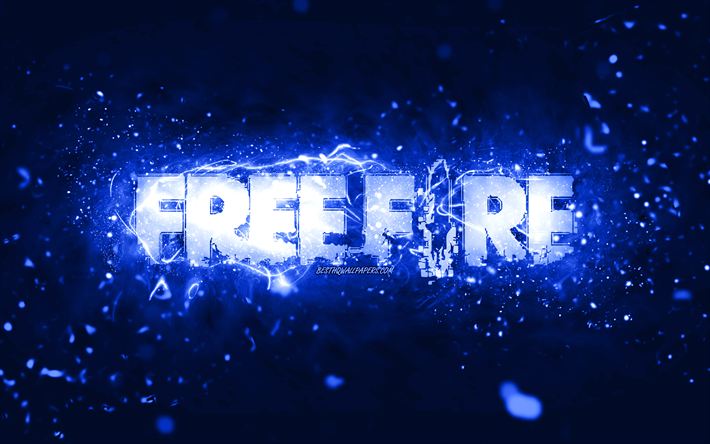 Logotipo azul escuro Garena Free Fire, 4k, luzes de n&#233;on azul escuro, criativo, fundo abstrato azul escuro, logotipo Garena Free Fire, jogos online, logotipo Free Fire, Garena Free Fire