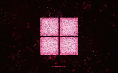 Windows 11 glitter logo, pink glitter art, black background, Windows 11 logo, Windows 11, creative art, Windows 11 pink glitter logo, Windows logo, Windows