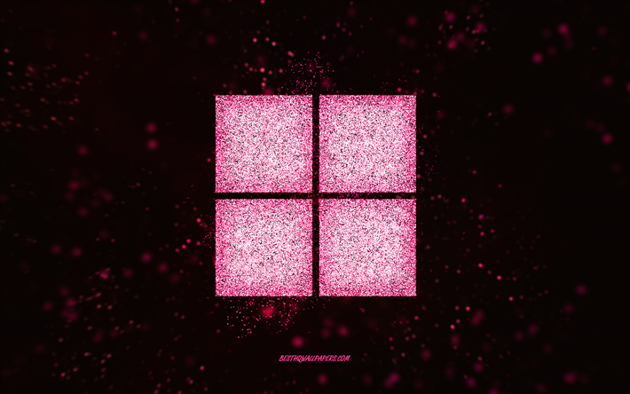 Logo glitter di Windows 11, arte glitter rosa, sfondo nero, logo Windows 11, arte creativa, logo glitter rosa Windows 11, logo Windows, Windows