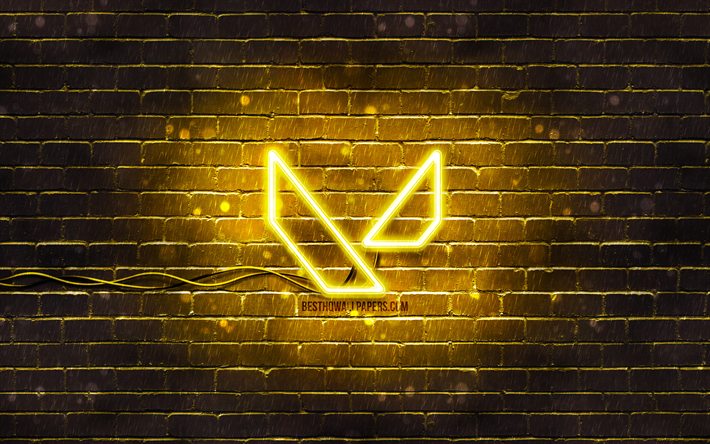 Valorant logo giallo, 4k, muro di mattoni giallo, Valorant logo, marchi di giochi, Valorant neon logo, Valorant