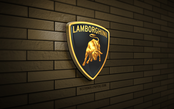 Logotipo de Lamborghini 3D, 4K, pared de ladrillo marr&#243;n, creativo, marcas de autom&#243;viles, logotipo de Lamborghini, arte 3D, Lamborghini