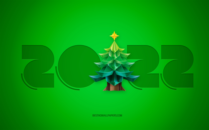 Anno nuovo 2022, 4k, sfondo verde 2022, sfondo 2022 con albero di Natale, felice anno nuovo 2022, albero di Natale 3D, biglietto di auguri 2022, concetti 2022, sfondo anno nuovo 2022