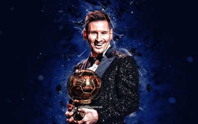 Lionel Messi Ballon dOr 2021, 4k, blue neon lights, football stars, PSG, Leo Messi, creative, Lionel Messi with golden ball, Lionel Messi 4K, Ballon dOr 2021