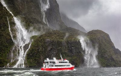 mountains, waterfalls, pleasure craft, sea, Fiordland National Park, New Zealand, Southland, Milford Sound