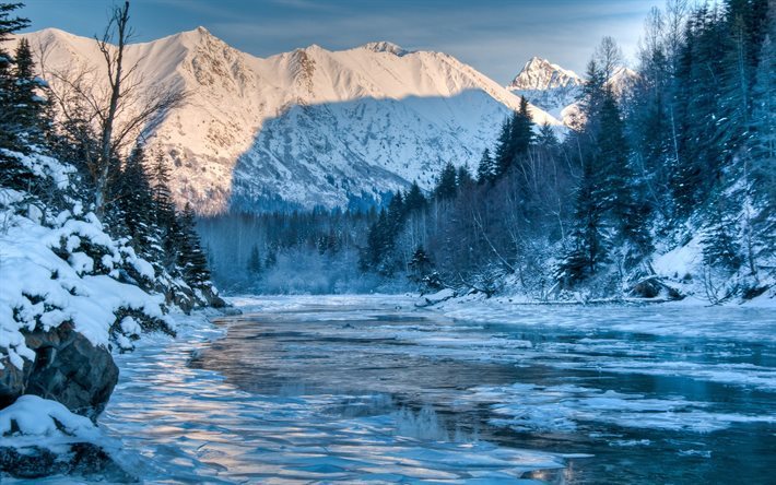 Alaska, kış, nehir, dağ, Amerika, ABD