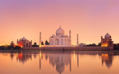 Taj Mahal, 5K, skyline, Yamuna, sunset, Agra, Indien