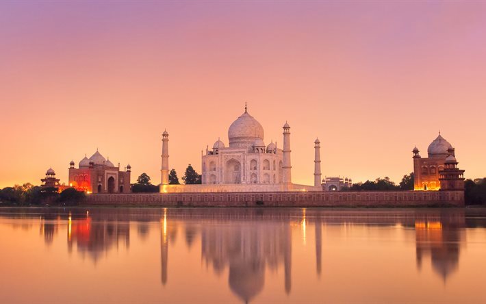 Tac Mahal, 5K, skyline, Yamuna nehir, G&#252;n batımı, Agra, Hindistan