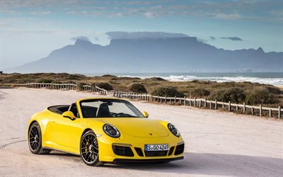 Porsche 911 GTS, 2017, 991, amarelo convers&#237;vel, Porsche amarelo, carro desportivo, Deserto